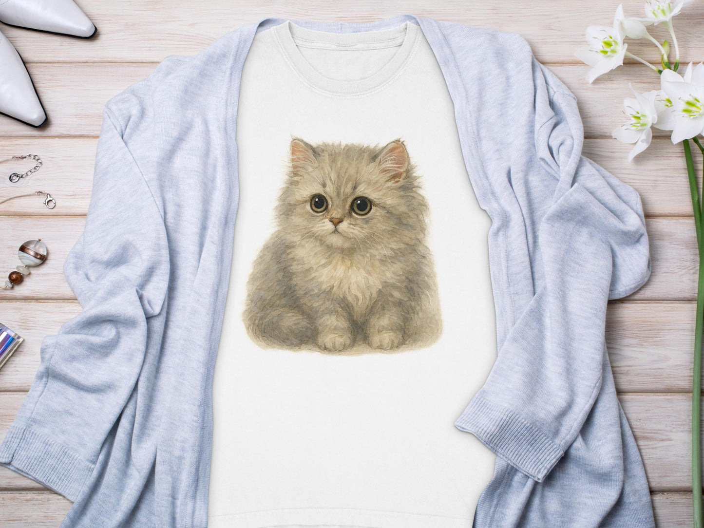 Adorable Fluffy Kitten Print on White T-Shirt product