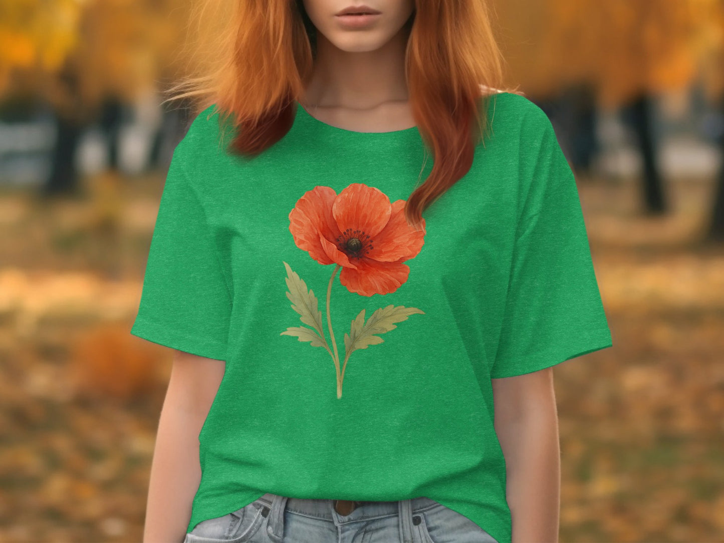 Vibrant Red Flower Graphic on Green T-Shirt product