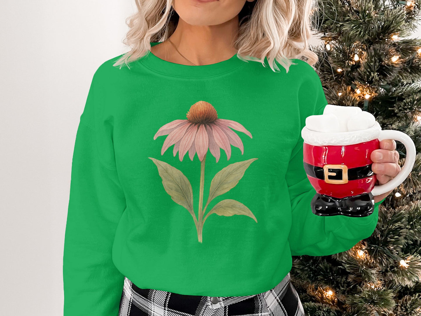 Festive Green Sweatshirt with Echinacea Flower graphic product type