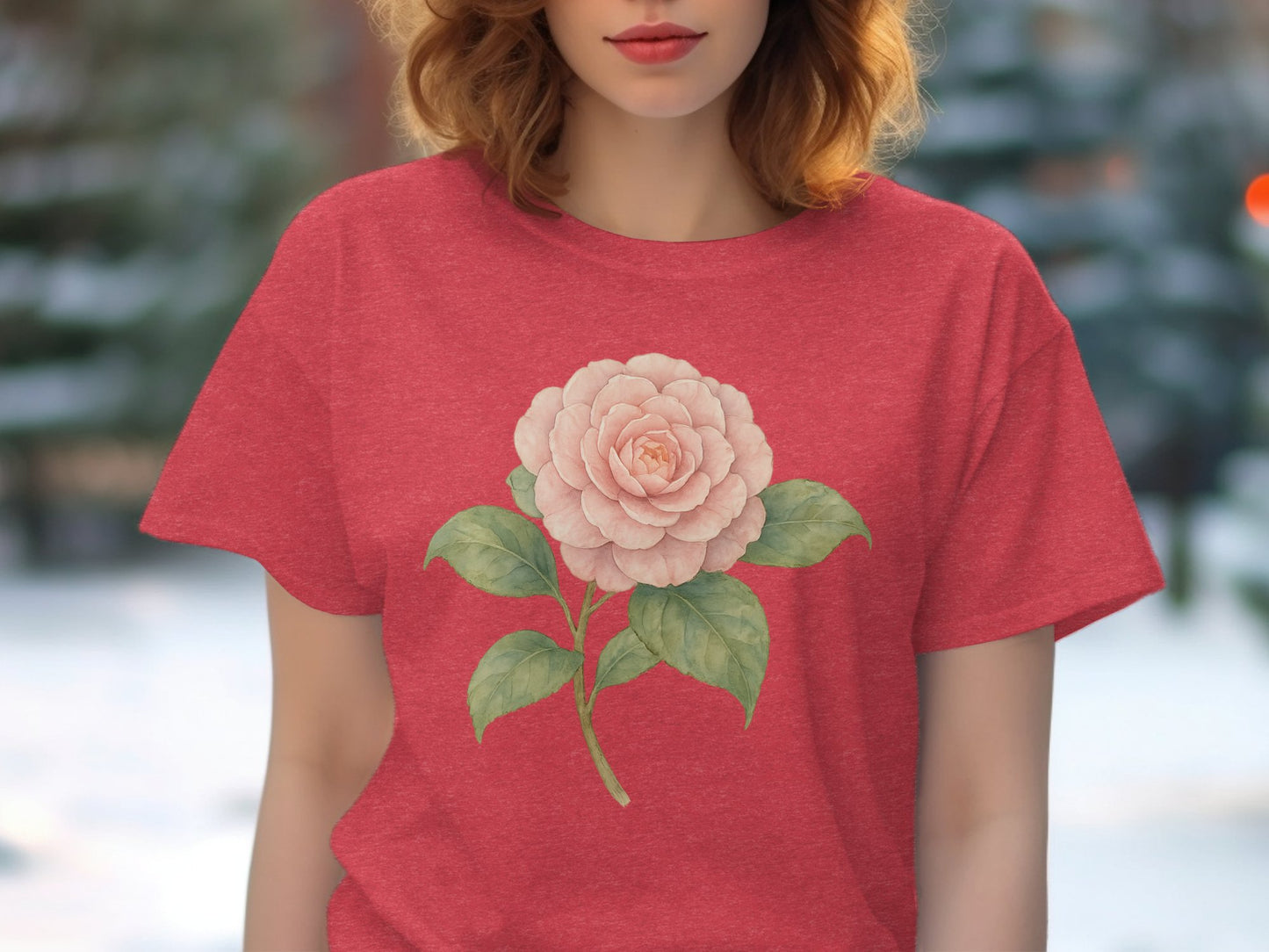 Beautiful Pink Flower Print on Red Shirt product