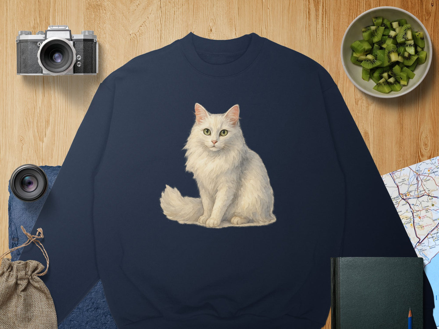 White Fluffy Cat Graphic Navy Sweatshirt product type