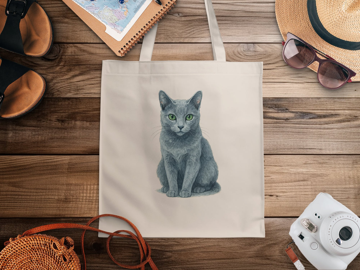 Gray Cat Print Tote Bag on Wooden Background product type