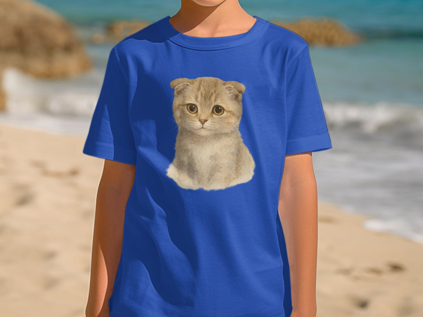 Cute Scottish Fold Cat Print on Blue T-Shirt product type