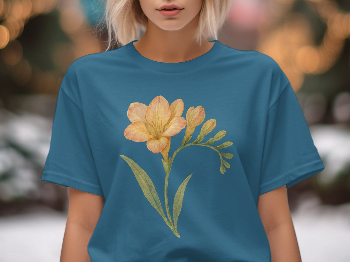 Floral Yellow Flower Design on Blue T-Shirt product type