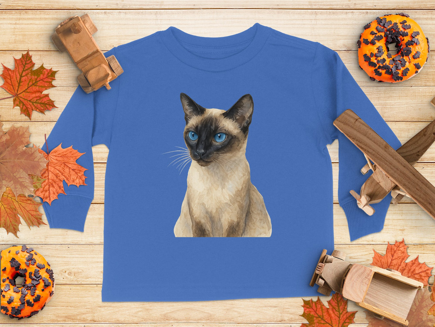 Adorable Blue Eyed Cat on Blue Kids Long Sleeve product