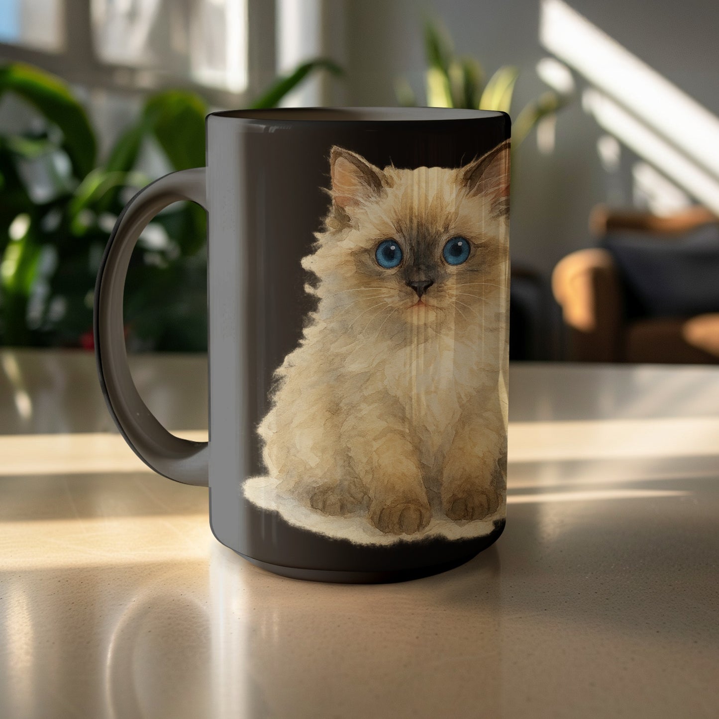 Cute Fluffy Kitten Illustration Black Coffee Mug product type