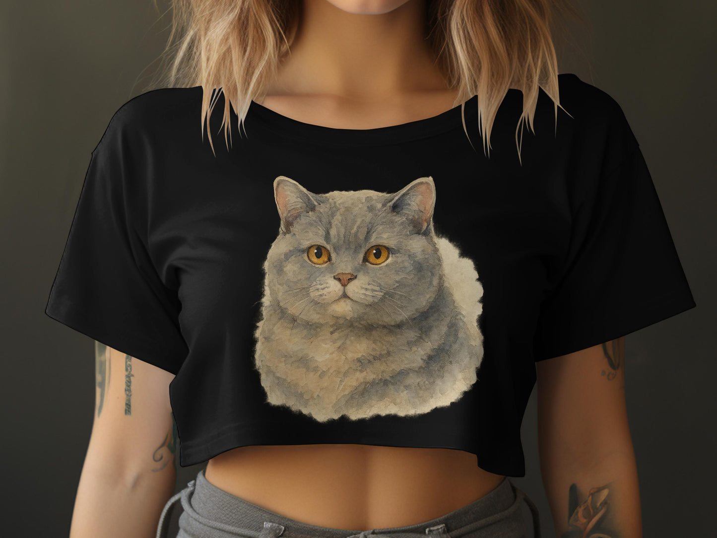 Cute Gray Cat Print Women's Crop Top Shirt Product