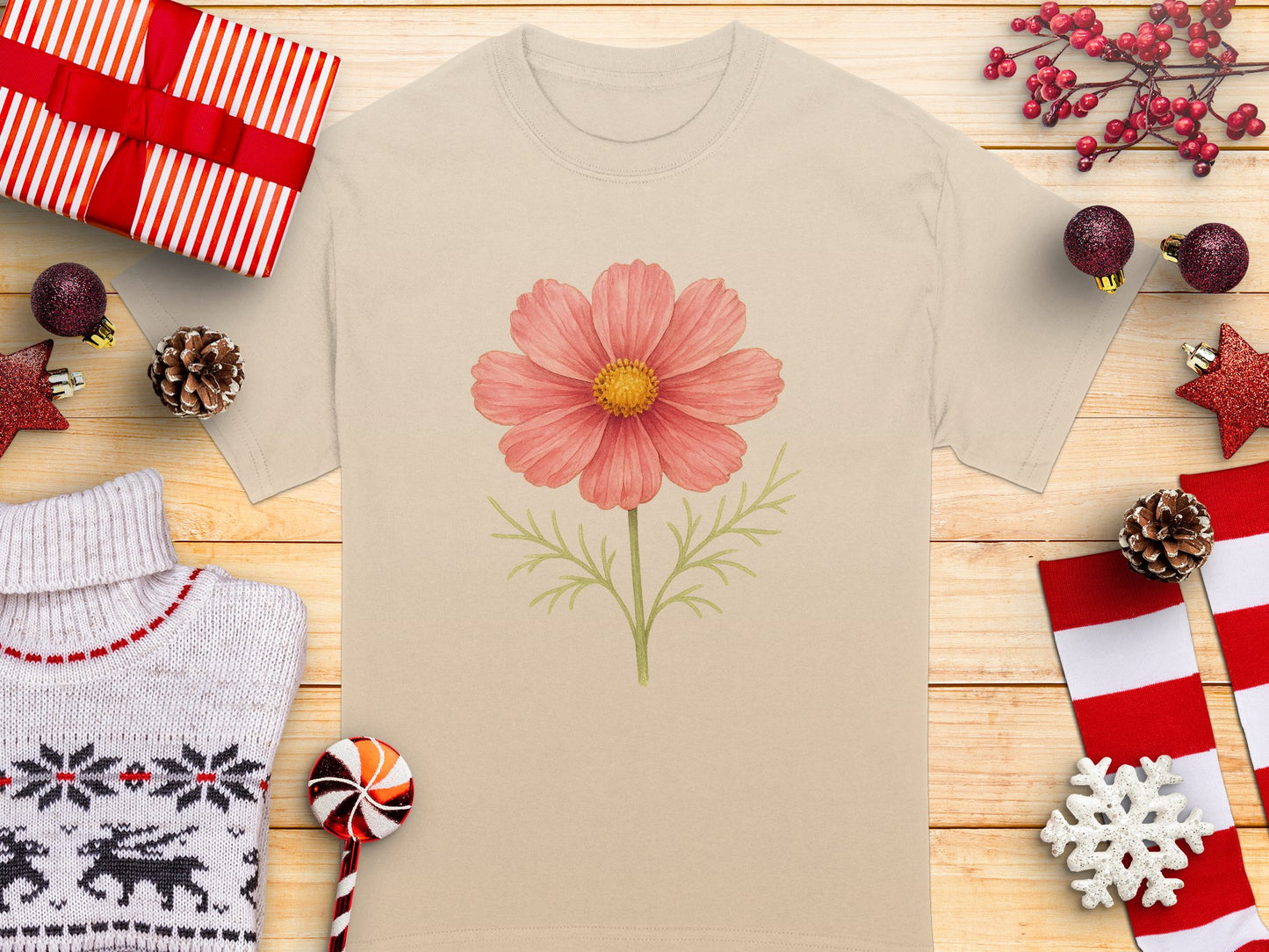 Festive Floral Graphic Design on Beige Shirt product type