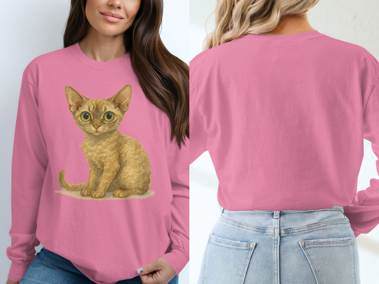 Cute Big Eyed Kitten Print Pink Long Sleeve Shirt product