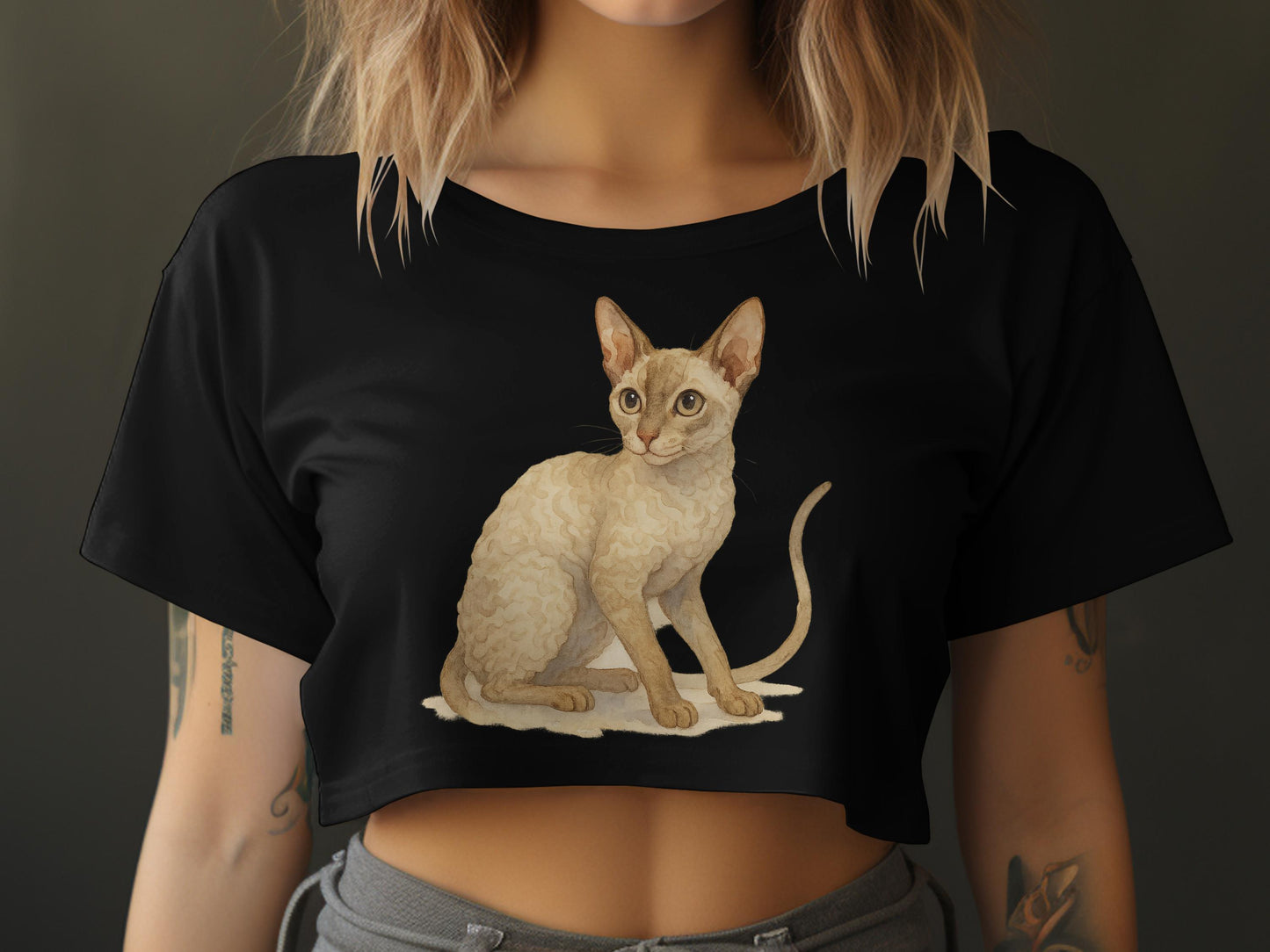 Stylish Black Crop Top with Adorable Cat Print product
