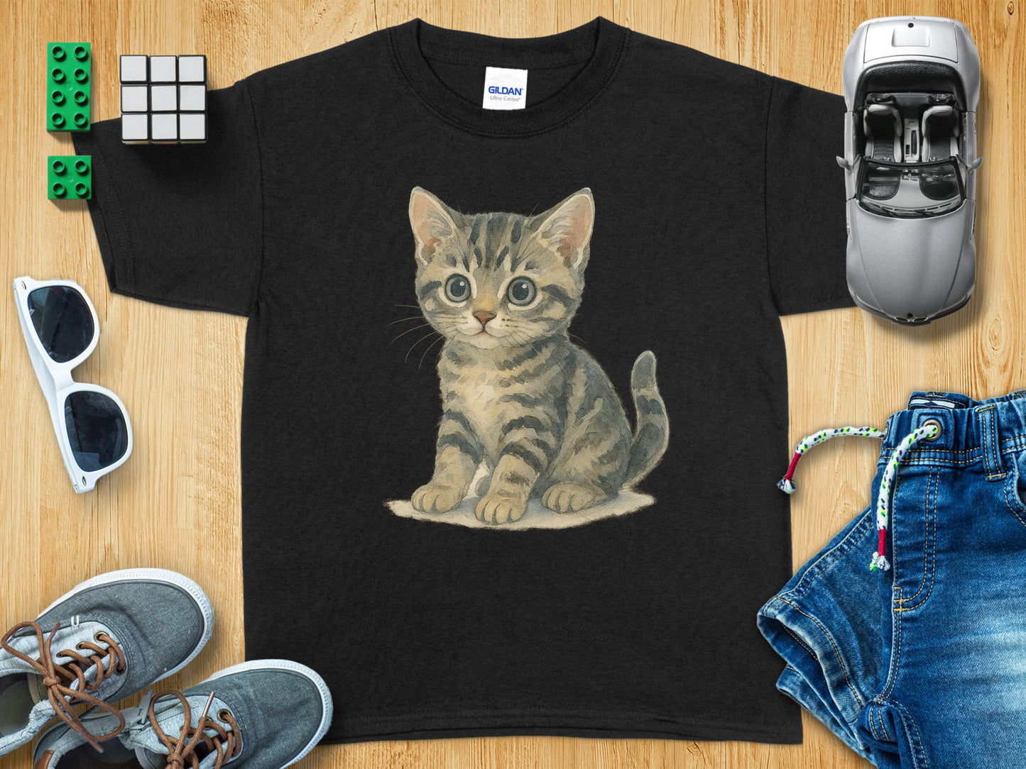 Cute Kitten Graphic on Black Shirt for Kids product type
