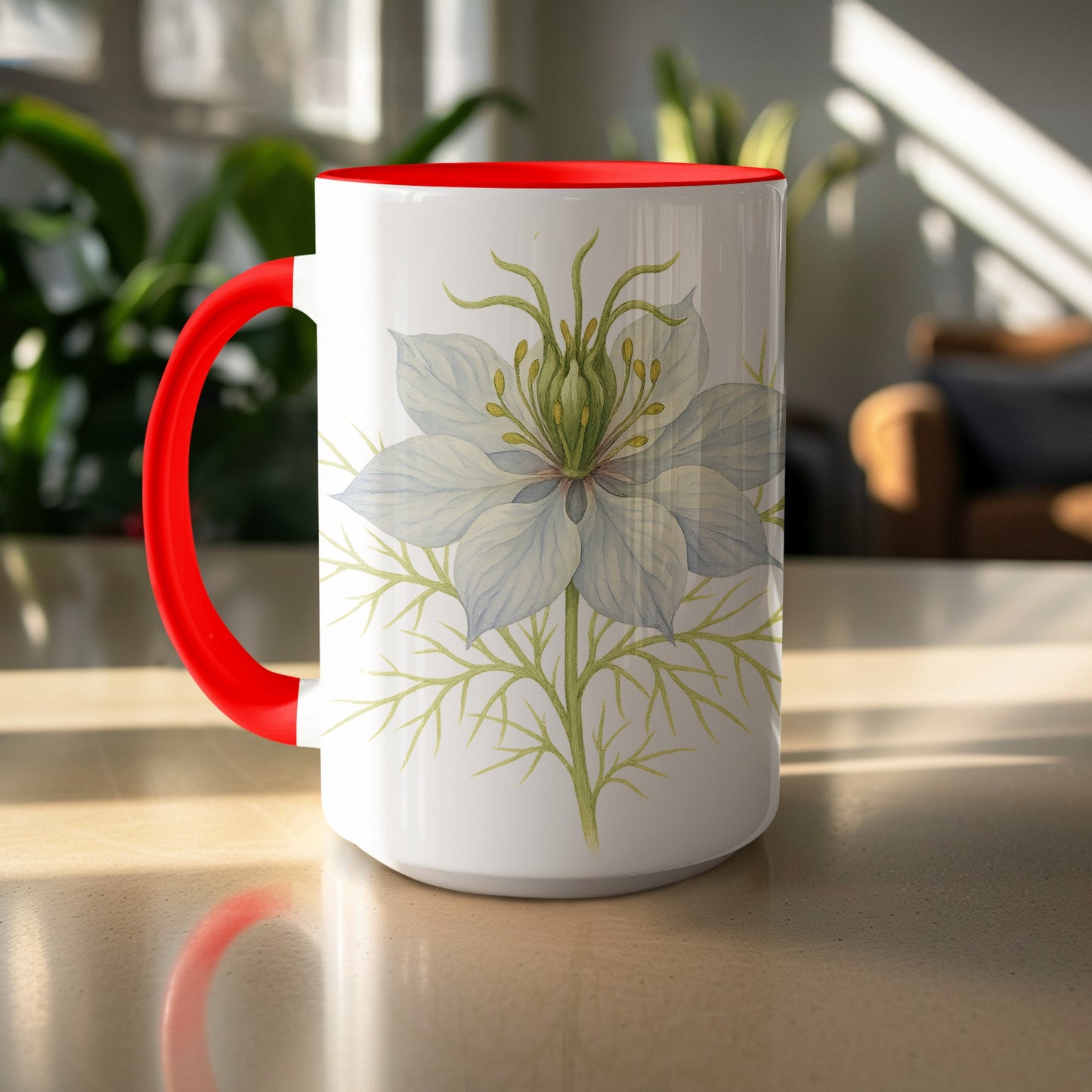 Floral Design Red-Handle Mug Beautiful Coffee Product