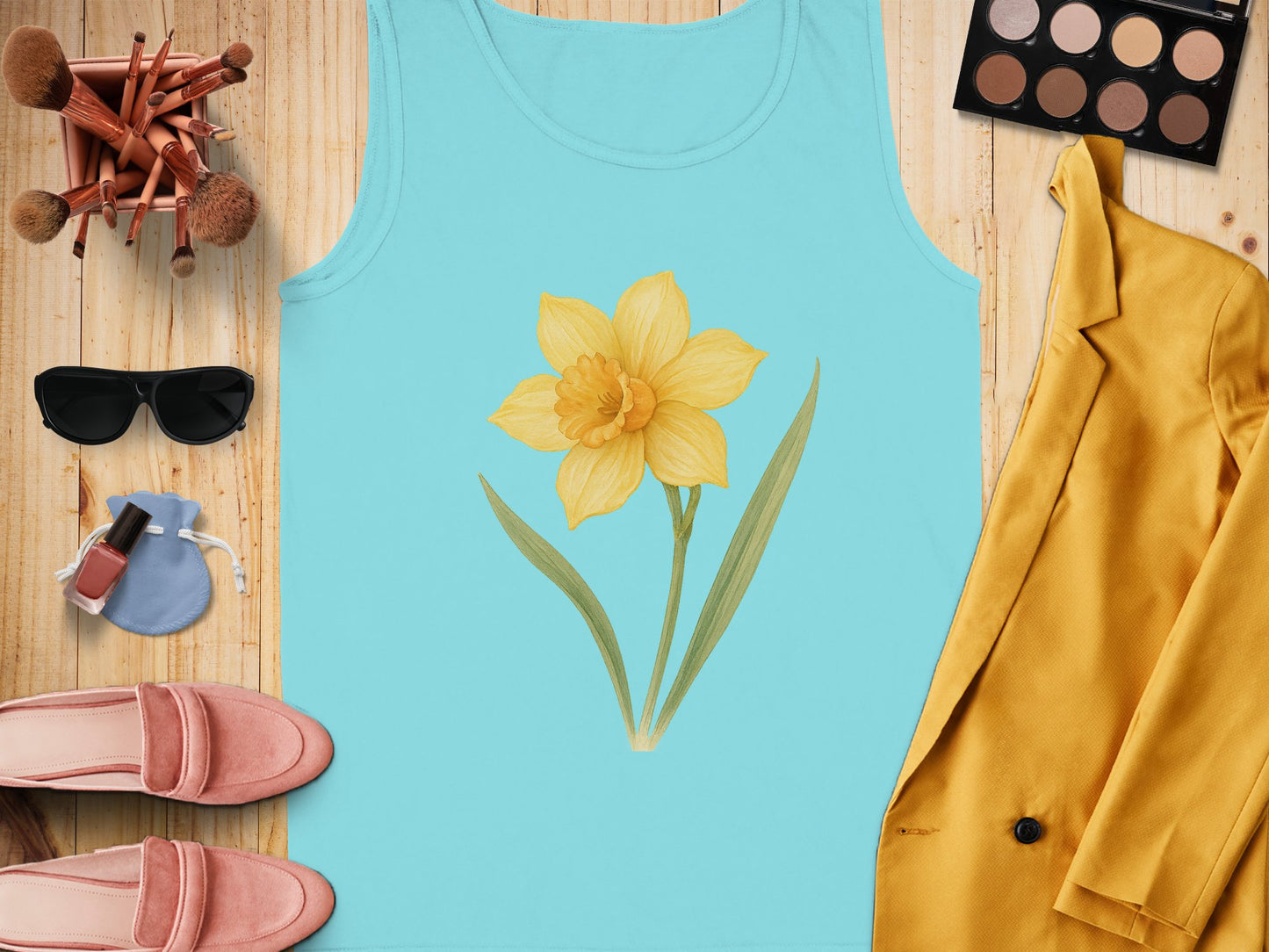 Yellow Flower Printed Light Blue Tank Top Product