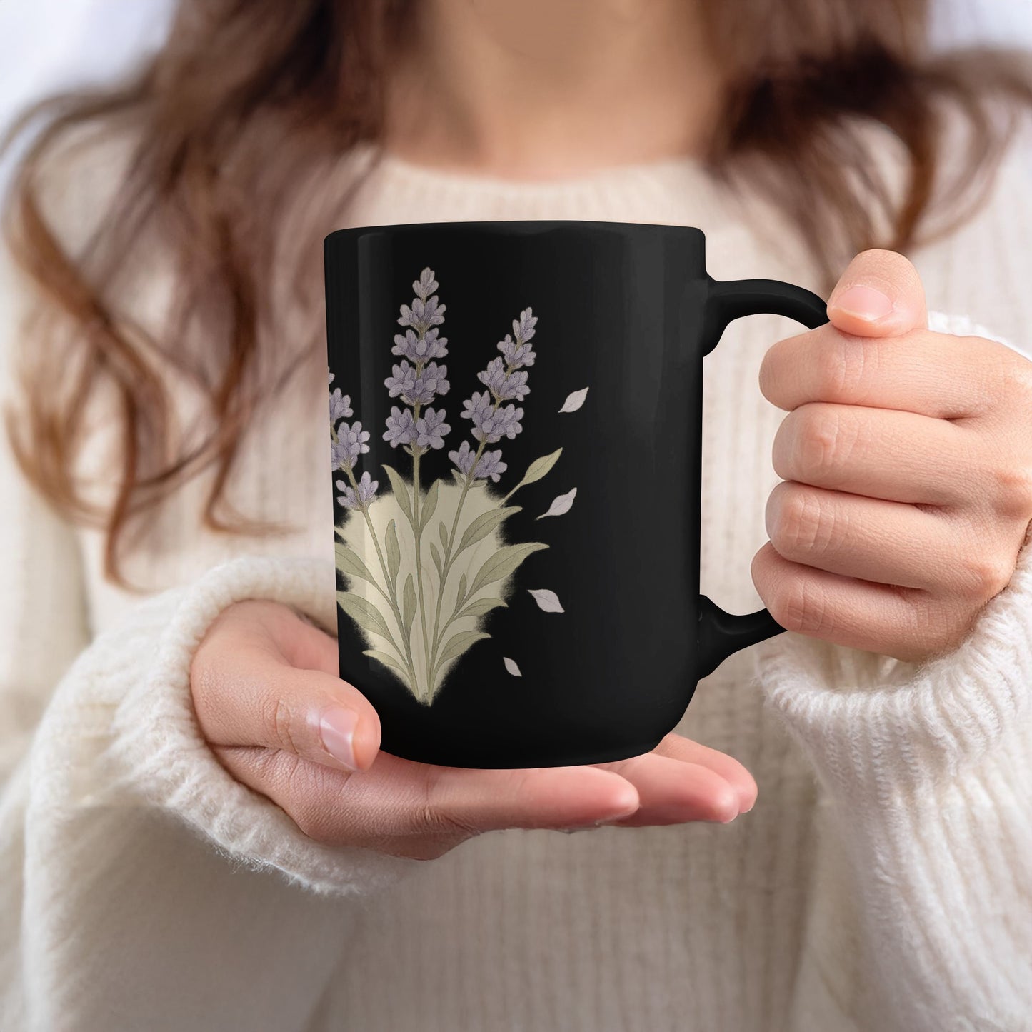 Elegant Lavender Floral Design Black Ceramic Mug product