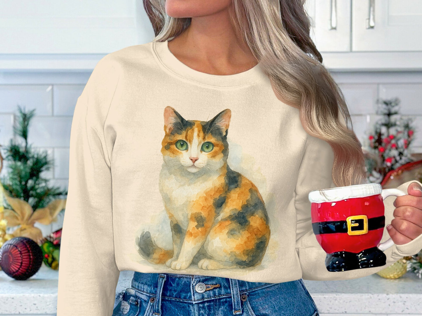 Calico Cat Sitting Image Printed on White Product Type