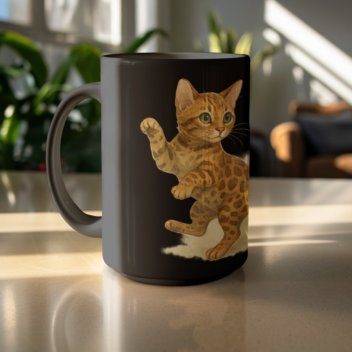 Playful Bengal Kitten Printed on Black Mug product type