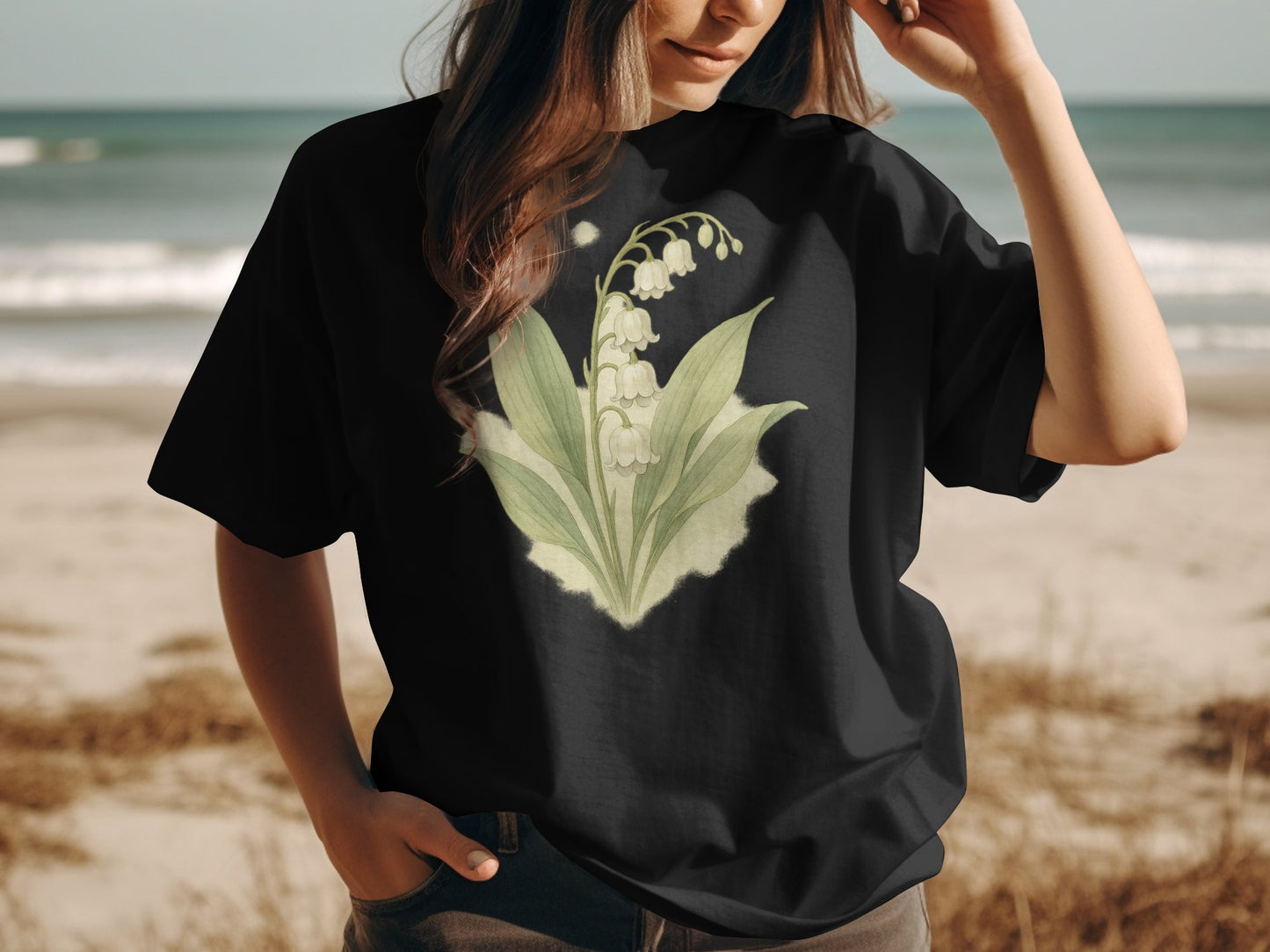Elegant Lily of the Valley Graphic Black T-shirt product