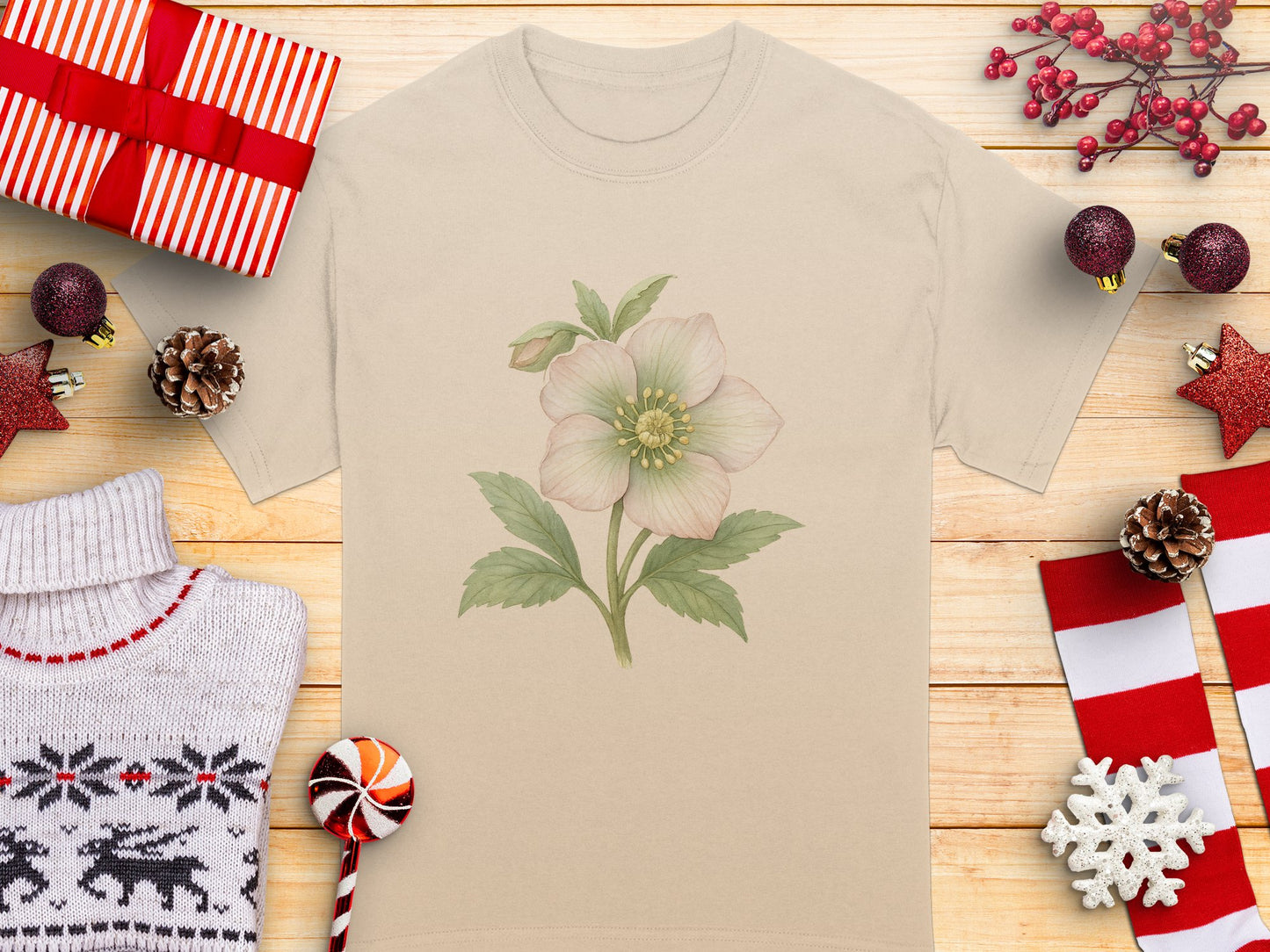 Festive Holiday Floral Print T-Shirt product type