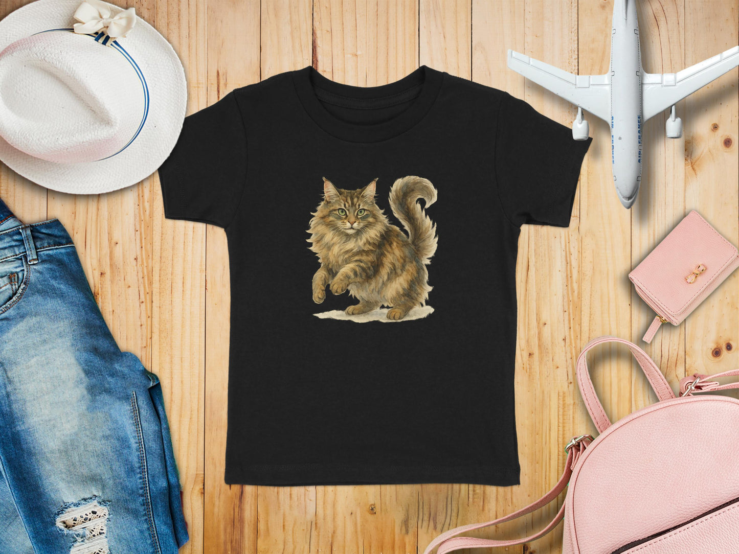 Cute Fluffy Cat Illustration on Black T Shirt product type