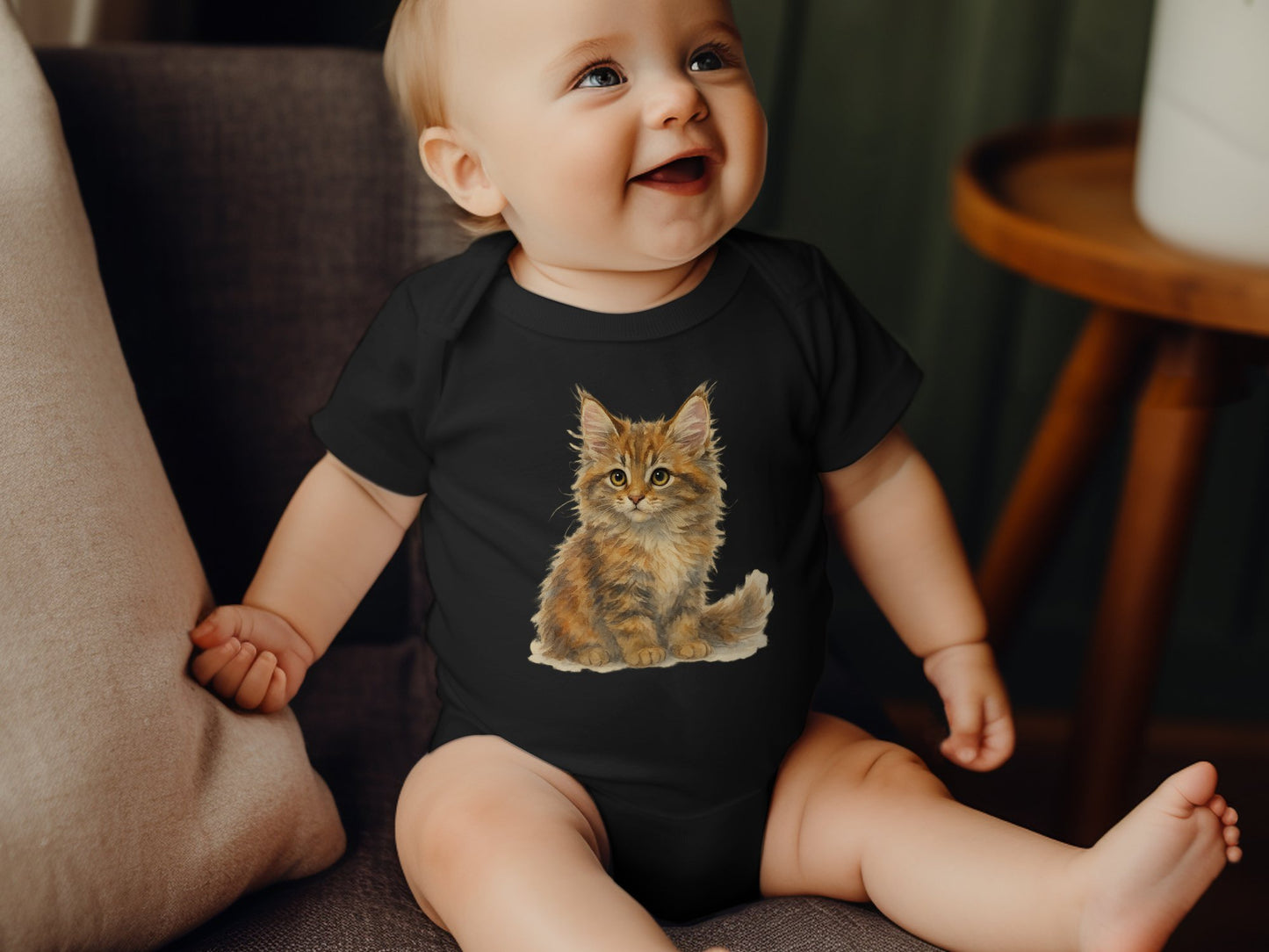 Cute Kitten Print on Black Baby Onesie product