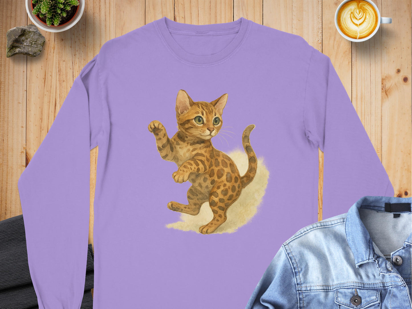 Cute Kitten Illustration on Lavender Long Sleeve product type