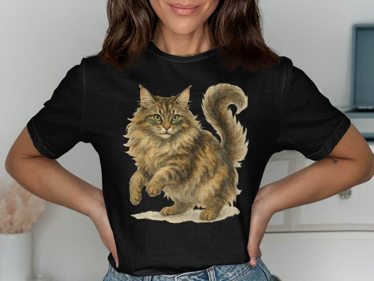 Majestic Fluffy Cat Design Black T-Shirt product