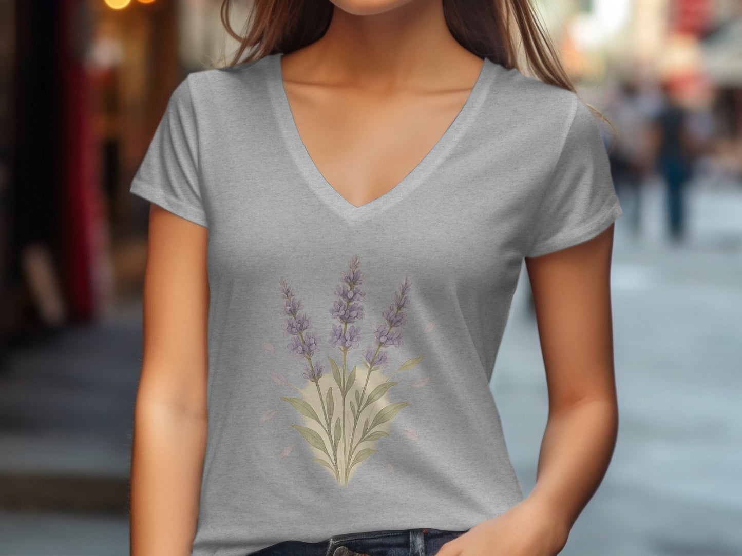 Elegant Lavender Floral Graphic V-Neck Shirt product
