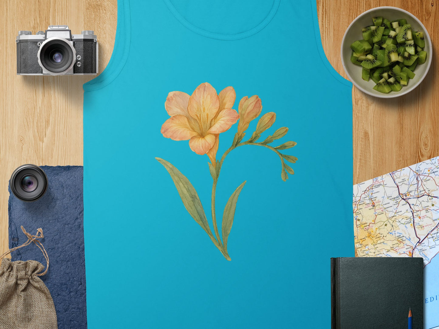 Beautiful Orange Floral Design Blue Tank Top Product