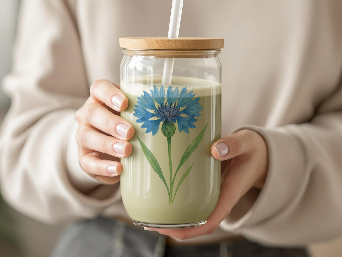 Floral Design Glass Jar with Straw Drinking Product