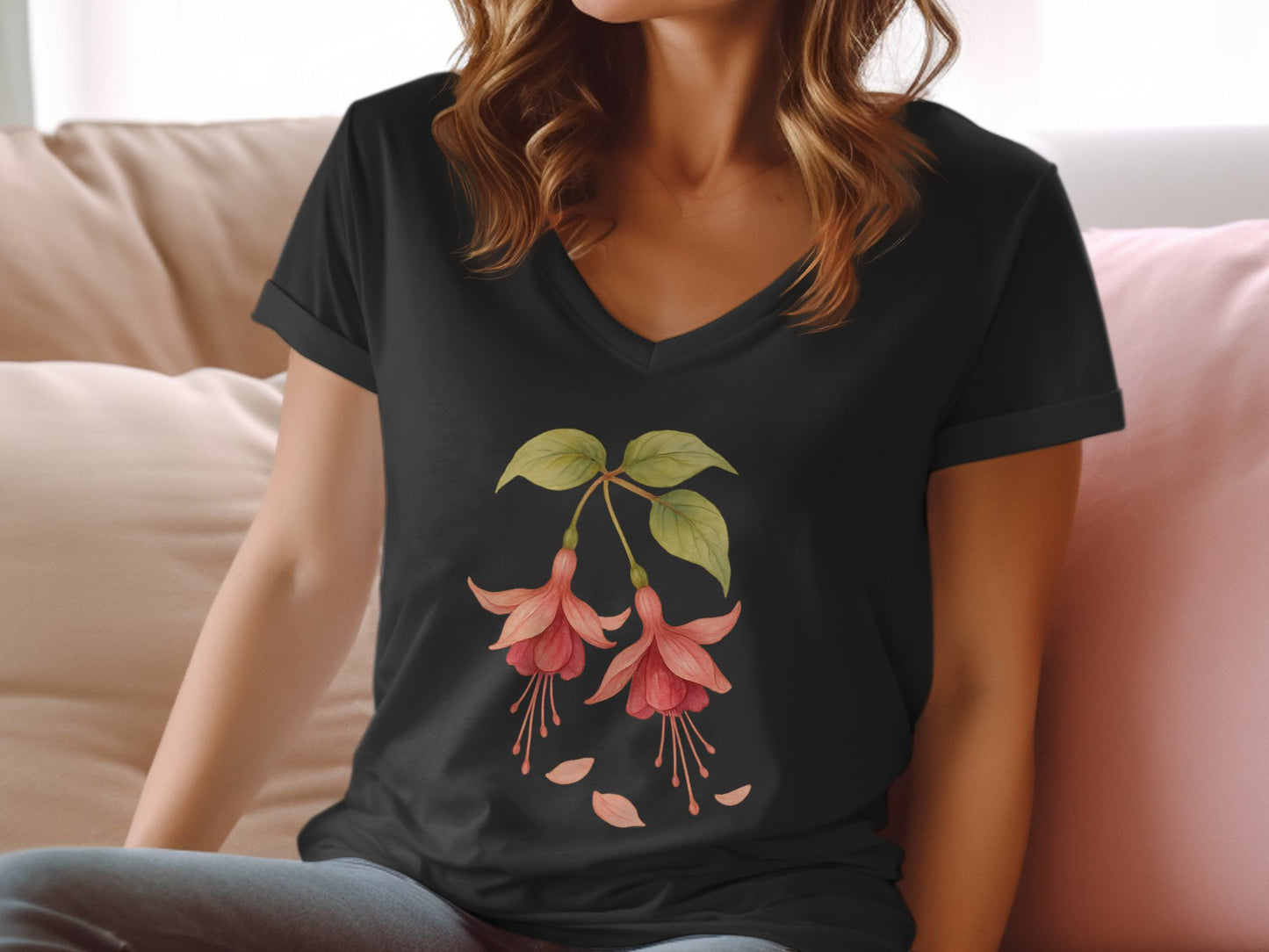 Elegant Floral Design on Casual Black T-shirt product