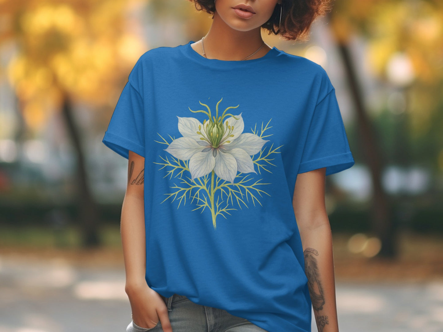 Blue Tee with Detailed White Flower Graphic product