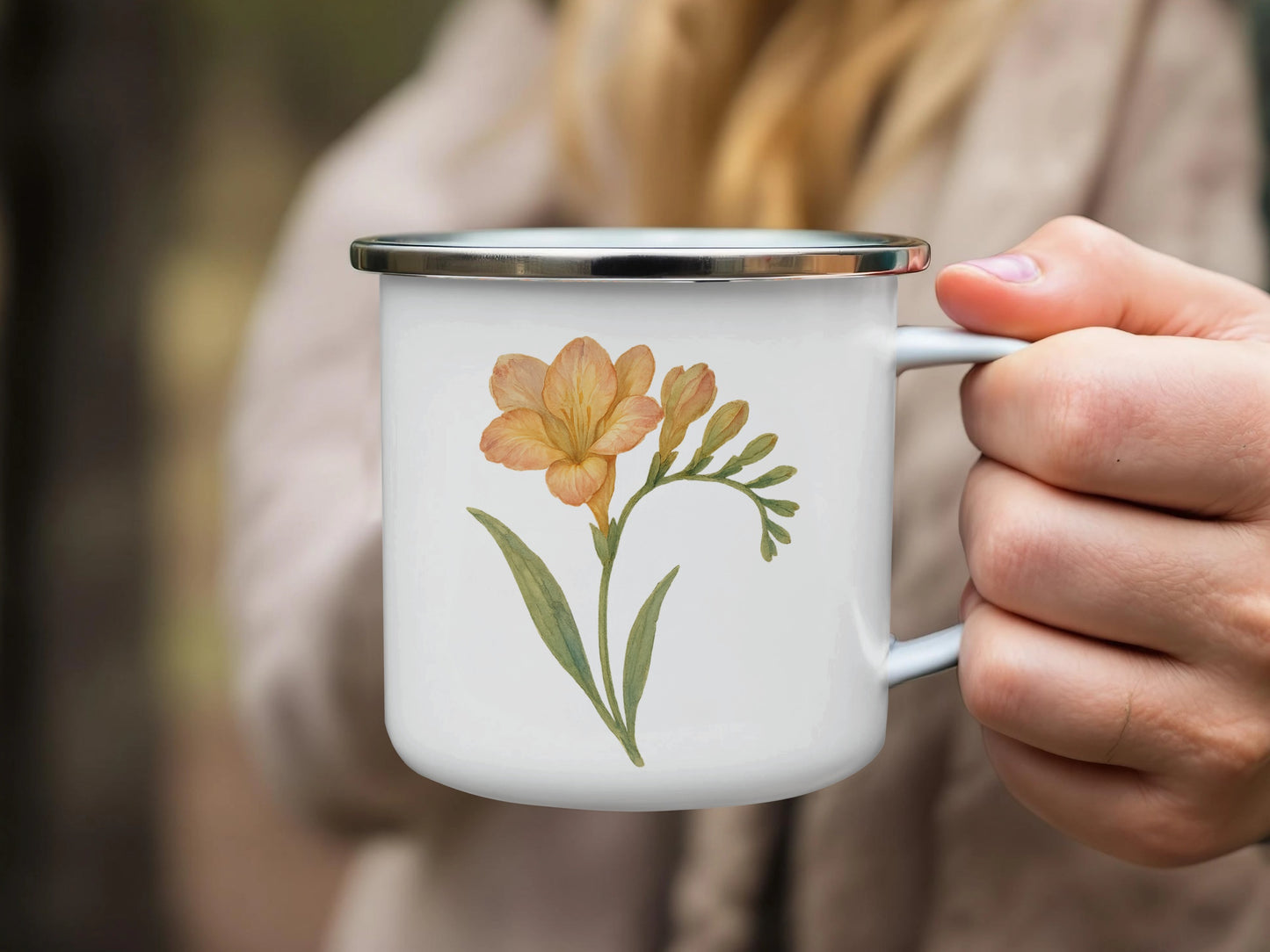 Beautiful Floral Design White Enamel Mug product type