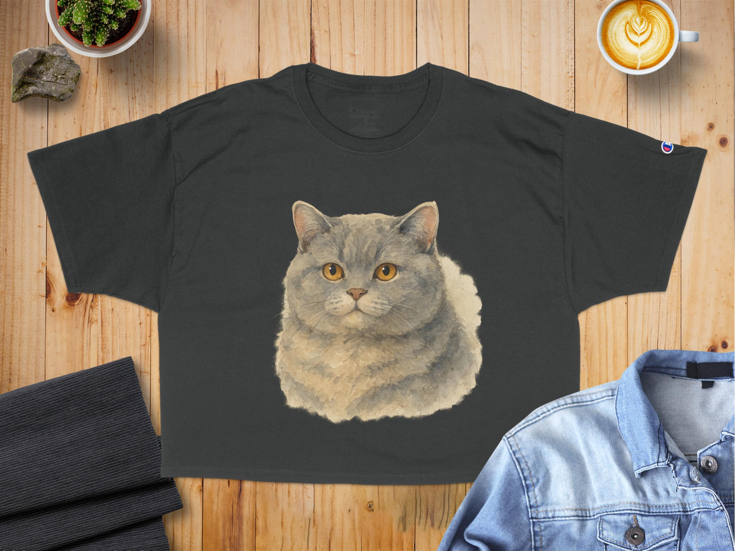 Cute Grey Cat Design on Black T-shirt product type