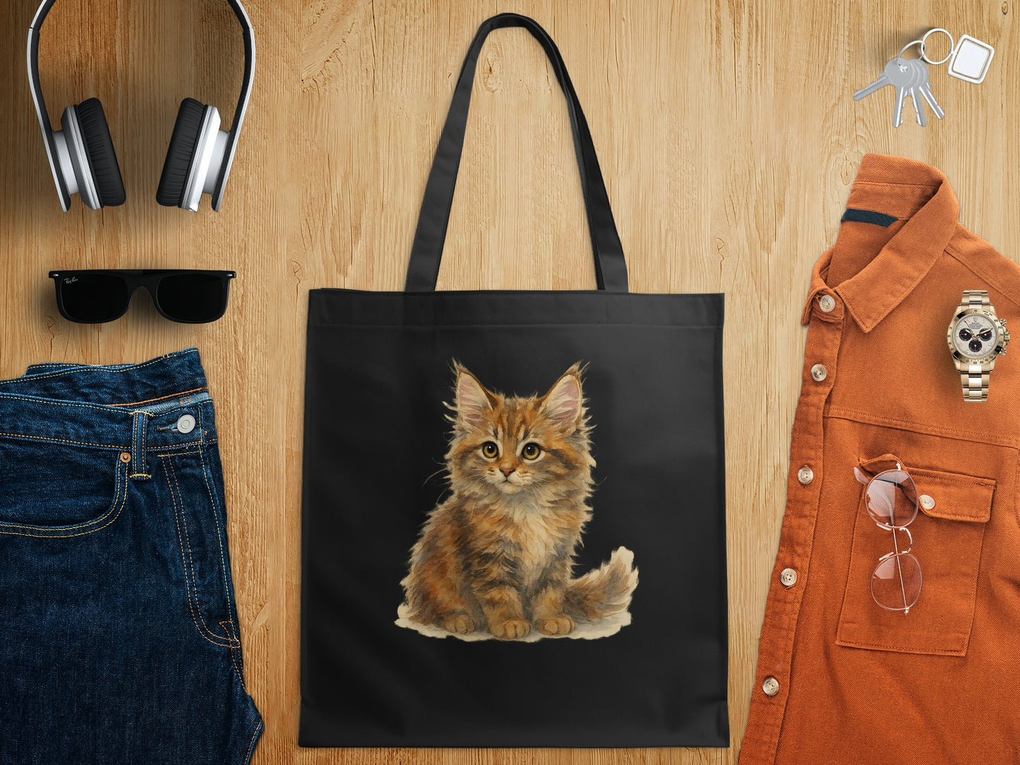 Adorable Fluffy Kitten Printed Black Tote Bag product