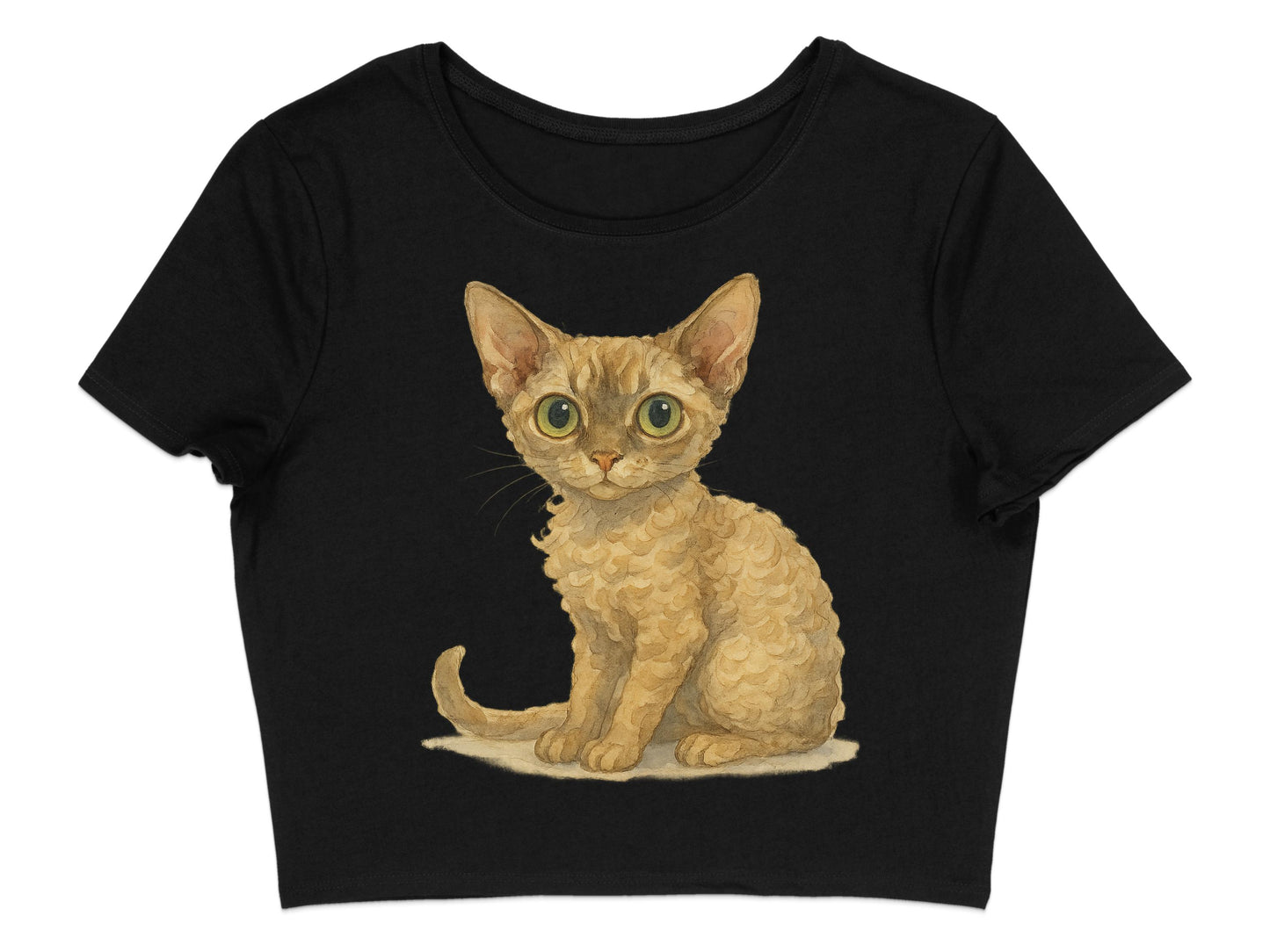 Cute Big-Eyed Kitten Illustration on Black Shirt product type