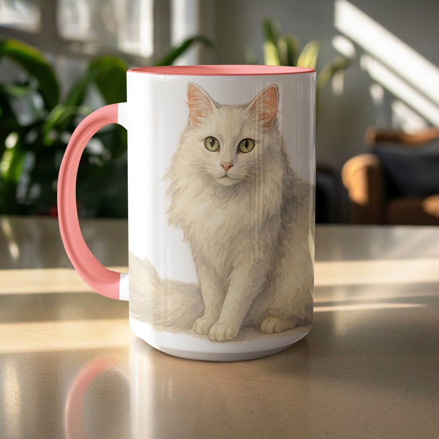 Beautiful White Cat Pink Handle Mug product