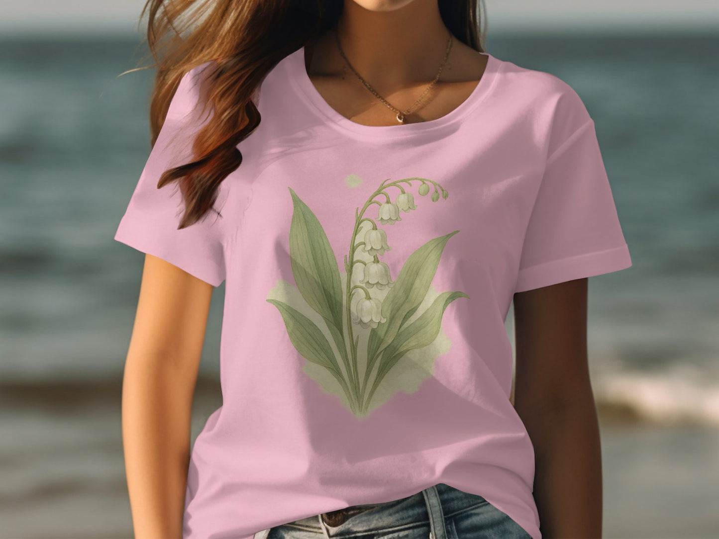 Elegant Lily of the Valley Design on Pink T-shirt Product