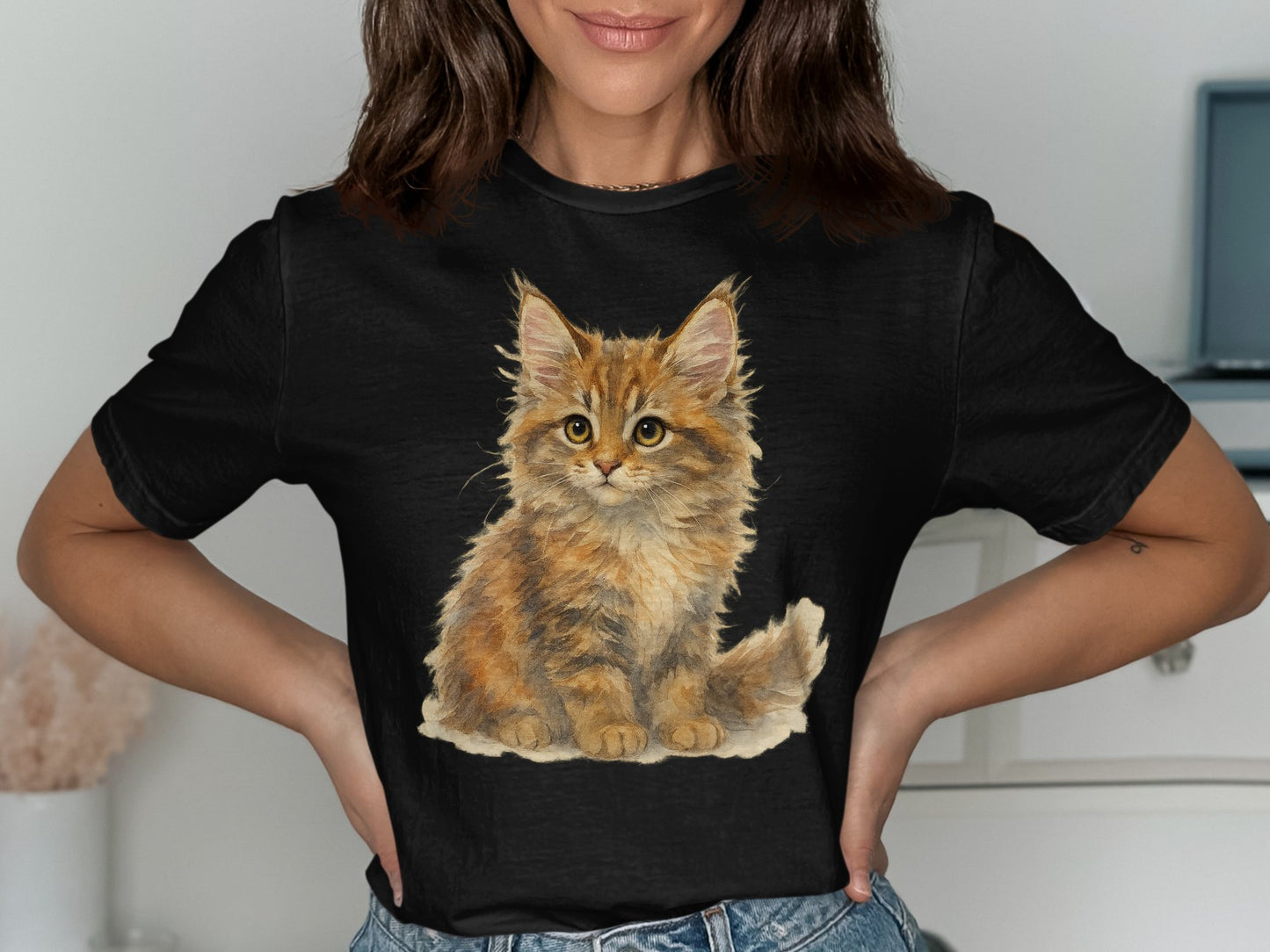 Cute Fluffy Kitten Printed Black T-shirt product type