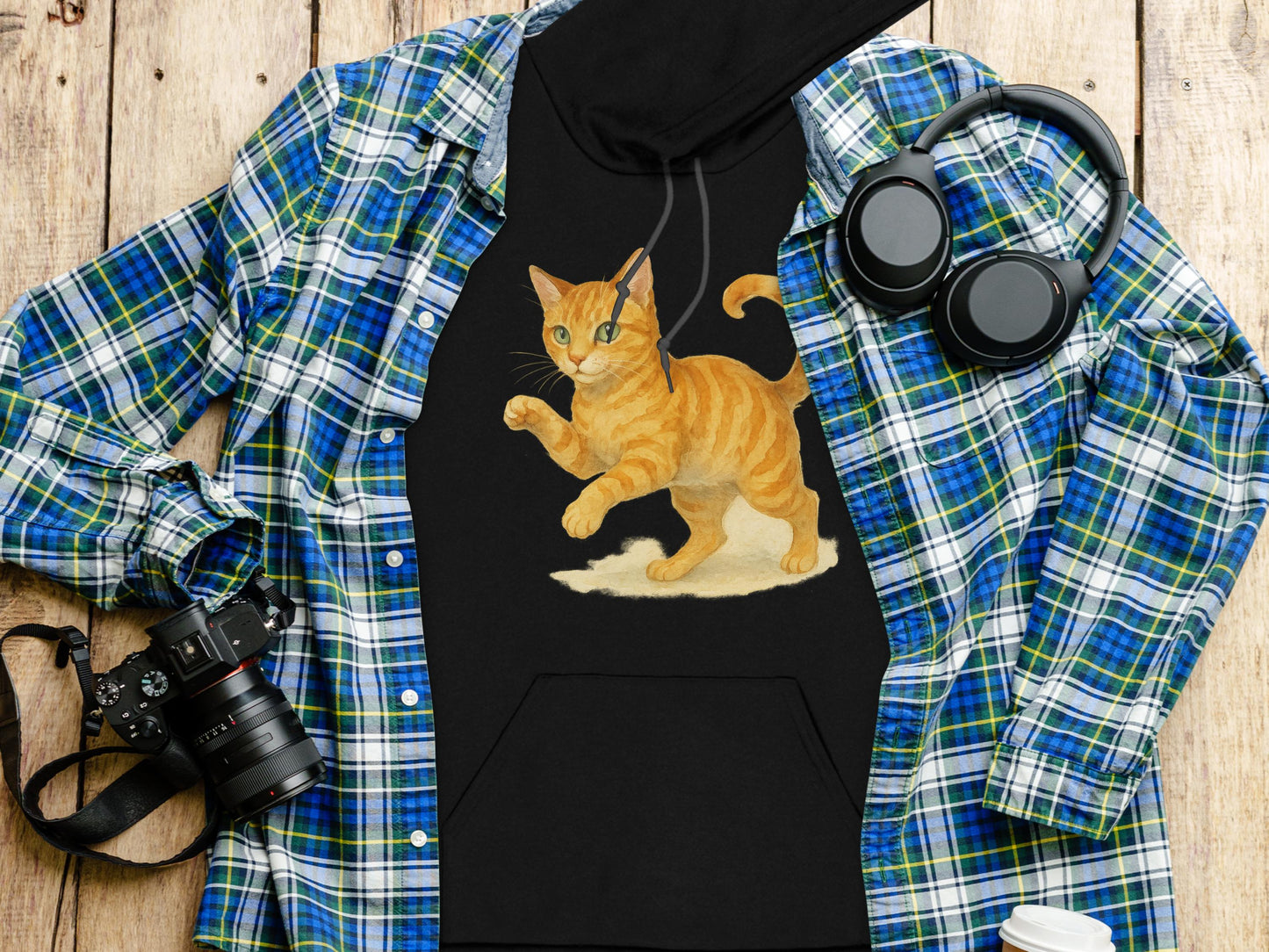 Cute Orange Cat Print on Black Hoodie product