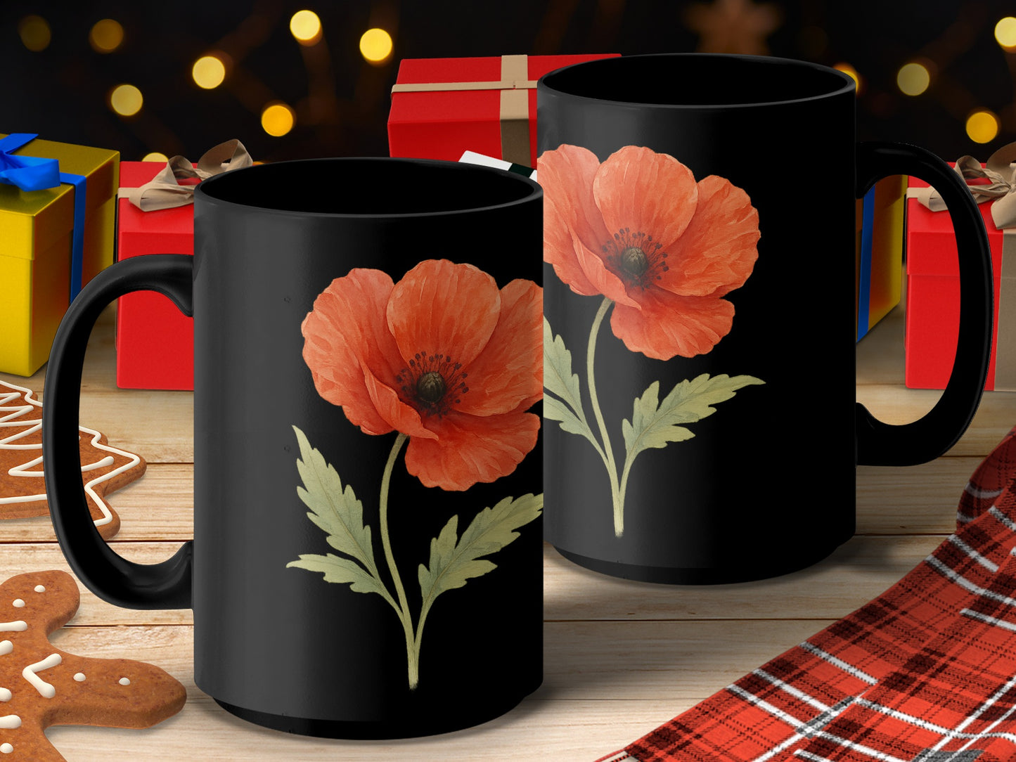 Festive Black Mug with Vibrant Red Floral Design product