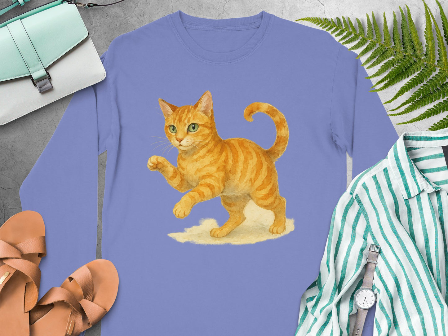 Cute Orange Kitten Print on Blue Shirt product type
