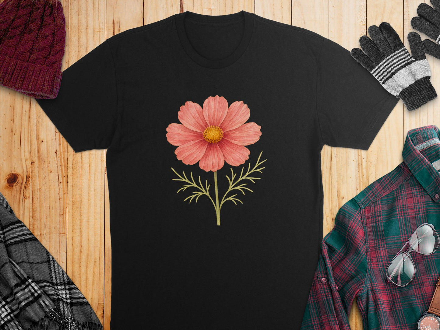 Red Flower Design on Black Background T-Shirt product type