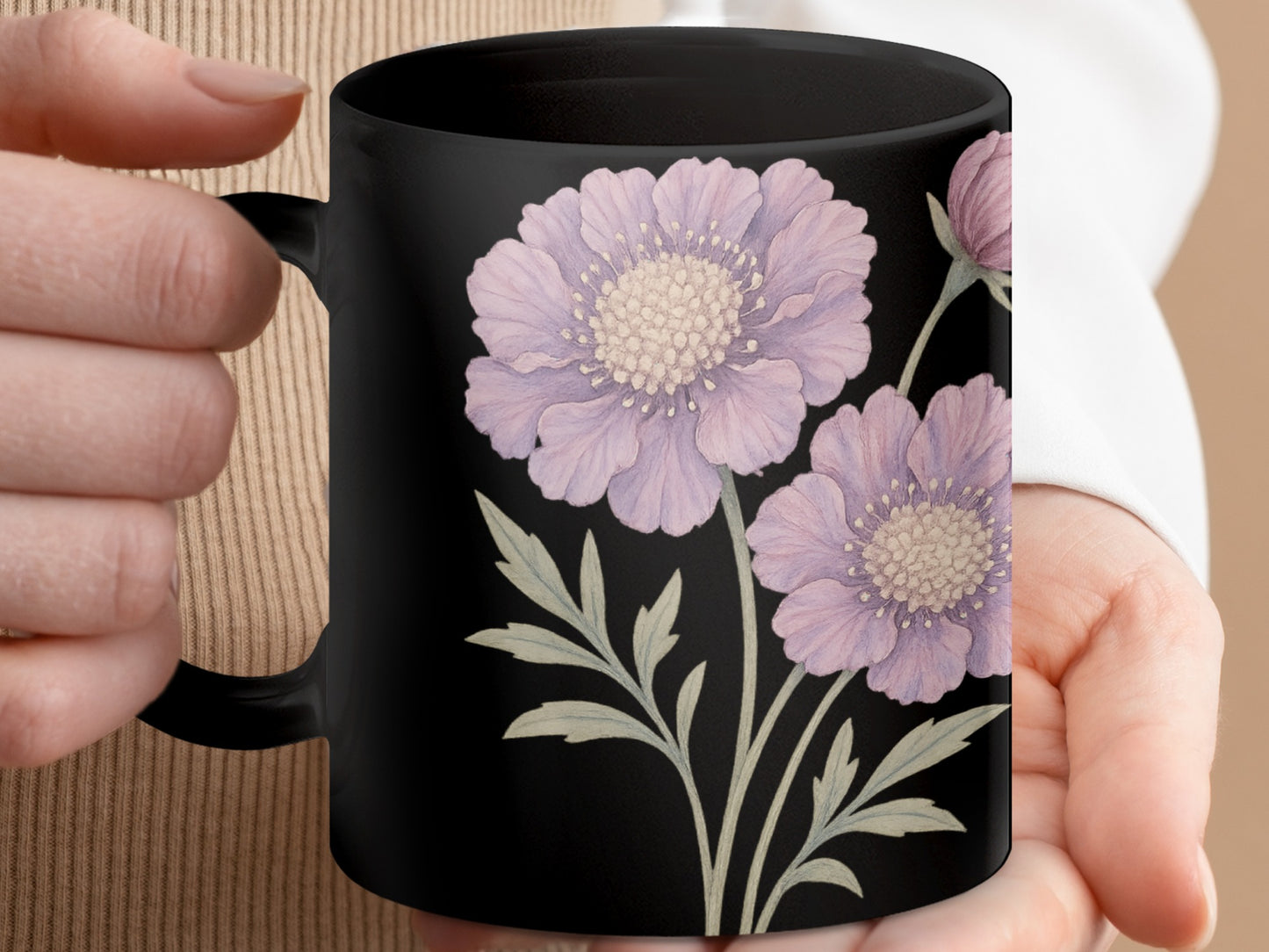Elegant Purple Flower Design on Black Mug product type