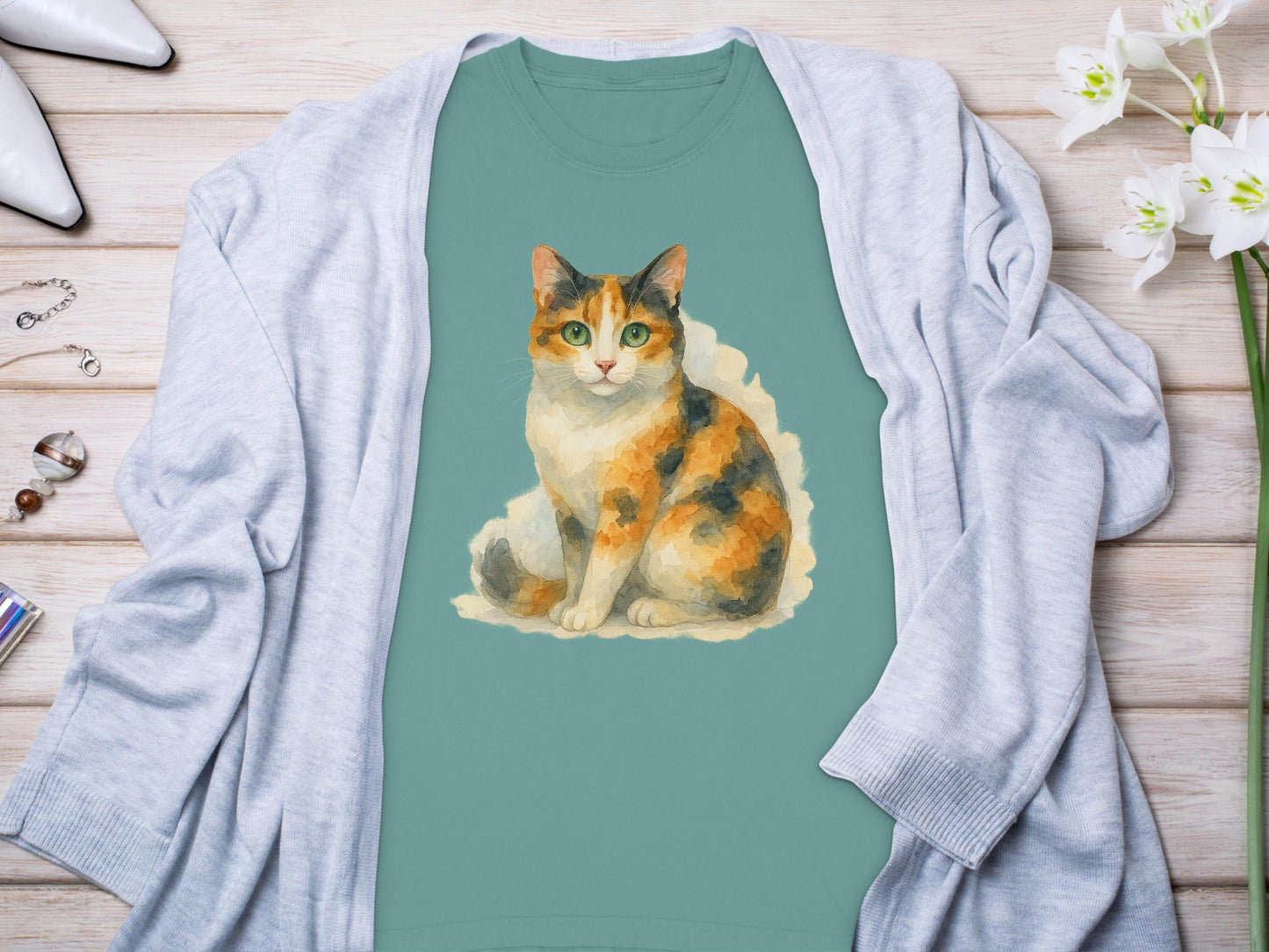 Adorable Calico Cat Art on Green Background Product Type