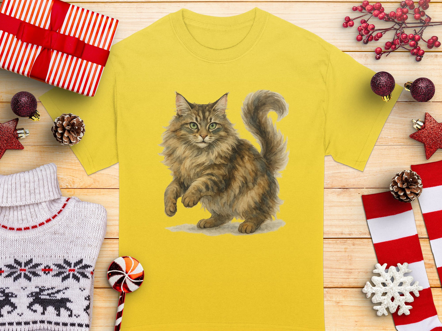 Adorable playful cat graphic yellow t-shirt product type