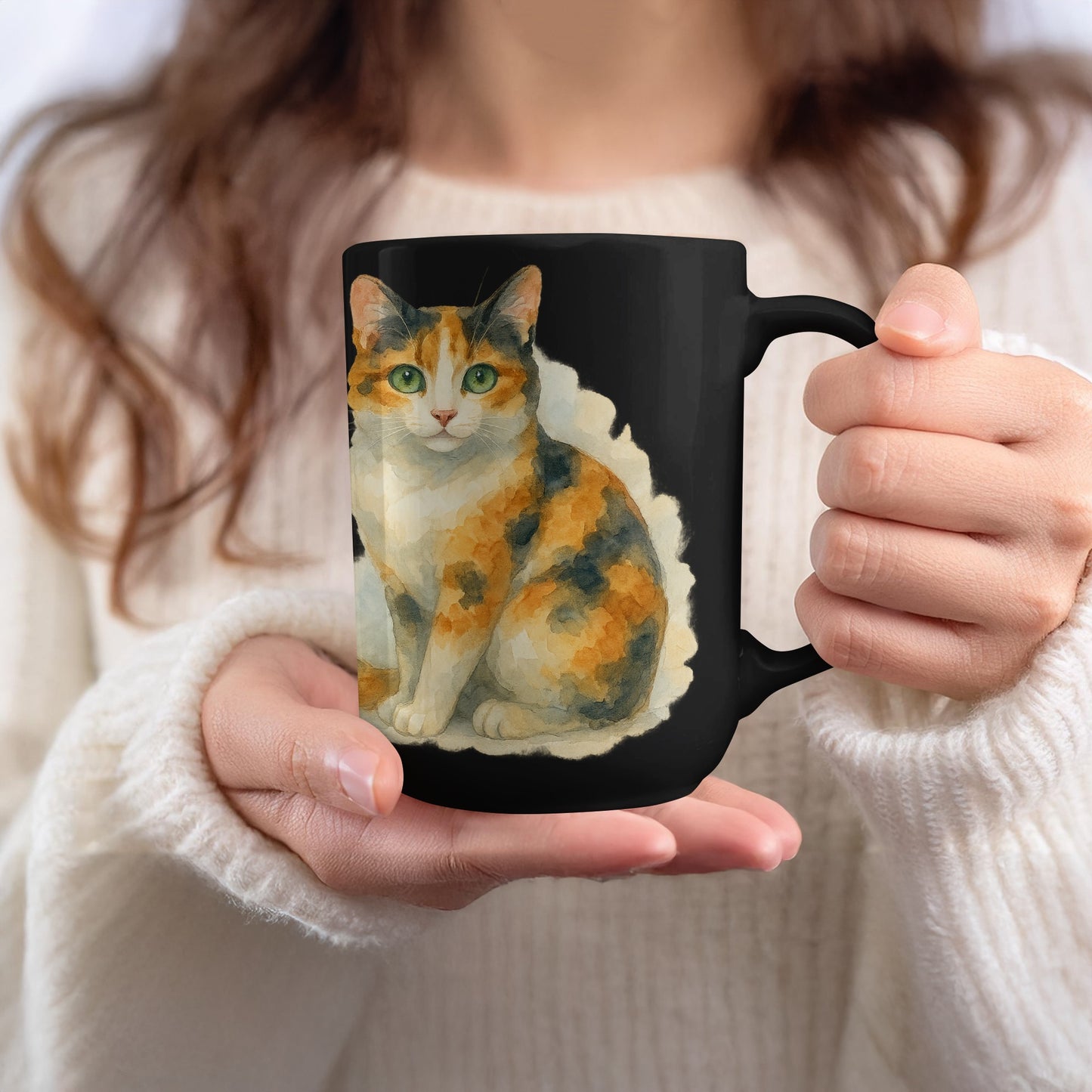 Colorful Calico Cat Art Black Mug product type