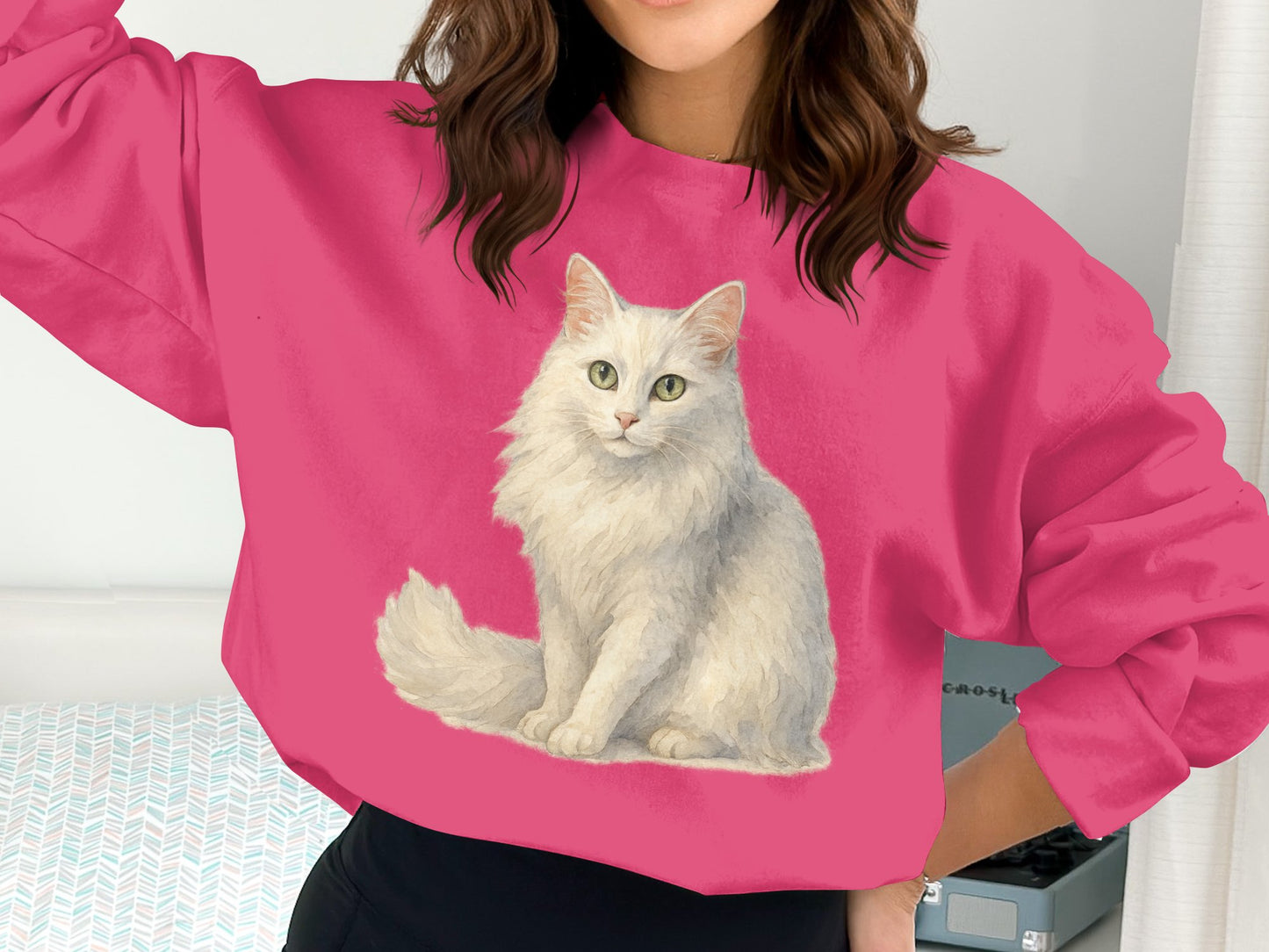 Fluffy White Cat Print on Bright Pink Sweatshirt product