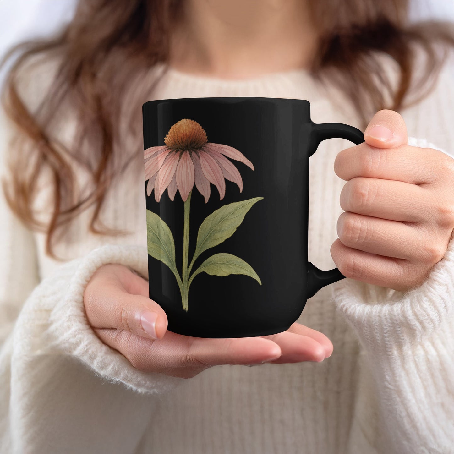 Beautiful Black Mug with Pink Flower Design mug