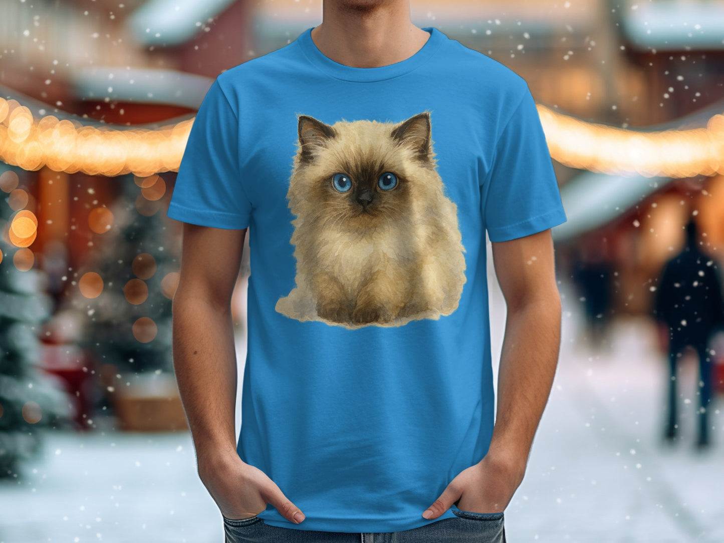 Adorable Fluffy Kitten Design on Blue T-Shirt product