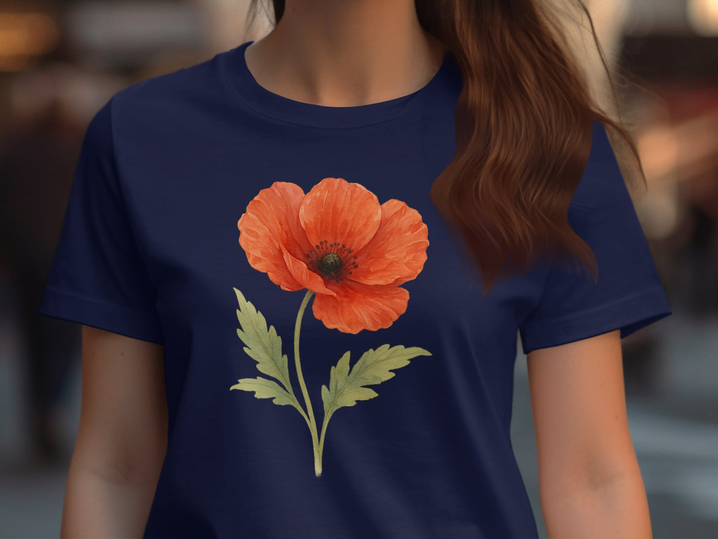 Beautiful Red Flower Graphic on Blue Shirt product type